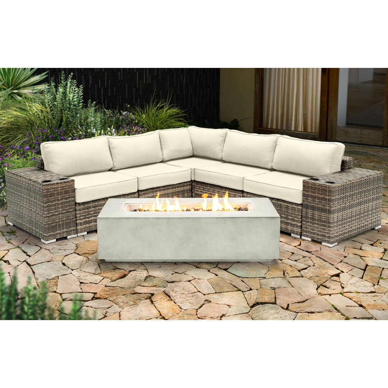 Dzheni Fully Assembled  4 Person Seating Group With Firepit And Sunbrella Cushions, Canvas