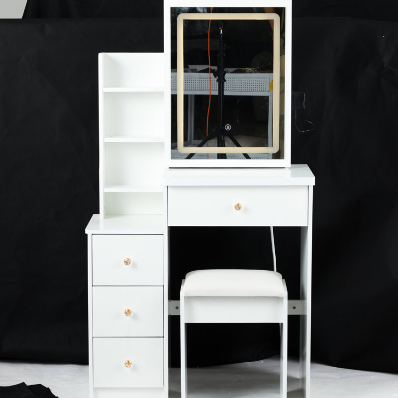 Small Size Left Bedside Vanity, Led Mirror With Touch Control & 3 Color Lights, Adjustable Brightness, Cushioned Stool, White , For Areas, American Style Compact Vanity And Stool - Lights Brightness