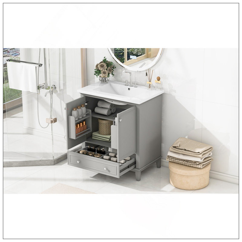 Ensemble de meuble-lavabo moderne 30 po avec lavabo, armoire de salle de bain multifonctionnelle avec portes et tiroir, structure solide et panneau de fibres à densité moyenne