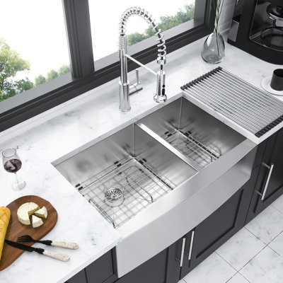 16 Gauge, 36" Double Bowl, Stainless Steel, Kitchen Sink, X - Shaped Water Guide, Pad, Brushed Nickel, Drain Assembly, Drying Rack Nickel