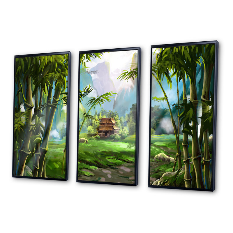 «The House In Bamboo Forest», peinture sur toile 3 pièces, Cadre noir, H 28 po x l 36 po