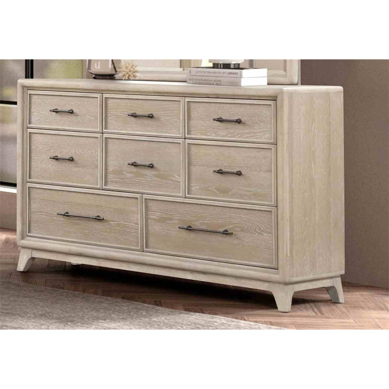 Commode à huit tiroirs en chêne d'hévéa massif 1 pièce avec rangement élégant et contemporain (comprend la commode seulement et non le miroir)
