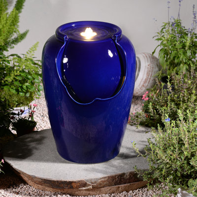Fontaine ondulée en céramique bleue, fontaine décorative avec lumières DEL et pompe silencieuse, dispositif d'eau intérieur / extérieur pour patio, jardin, terrasse, balcon, bureau et décoration intérieure, conception d'eau en cascade relaxante