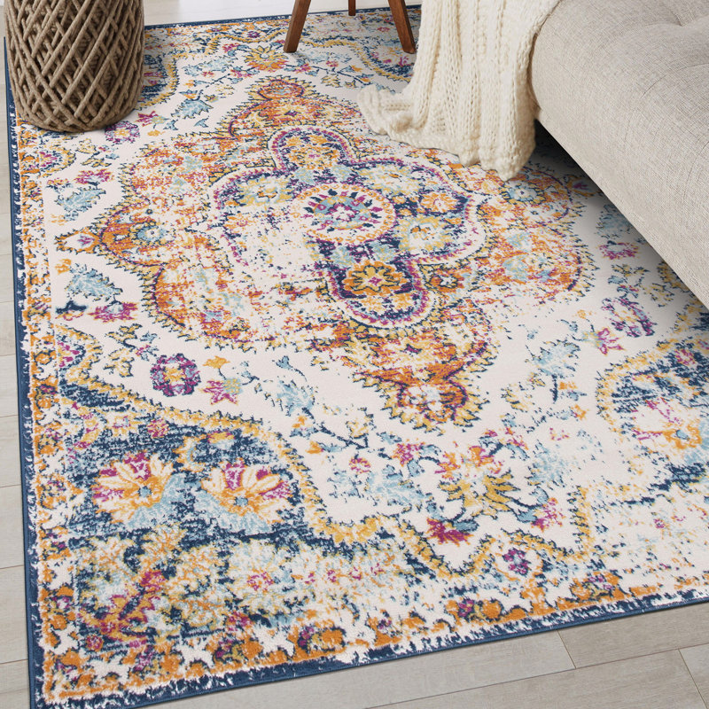 Beverly Oriental Orange/Blue/Cream Area Rug, Rectangle 3'3" x 5'