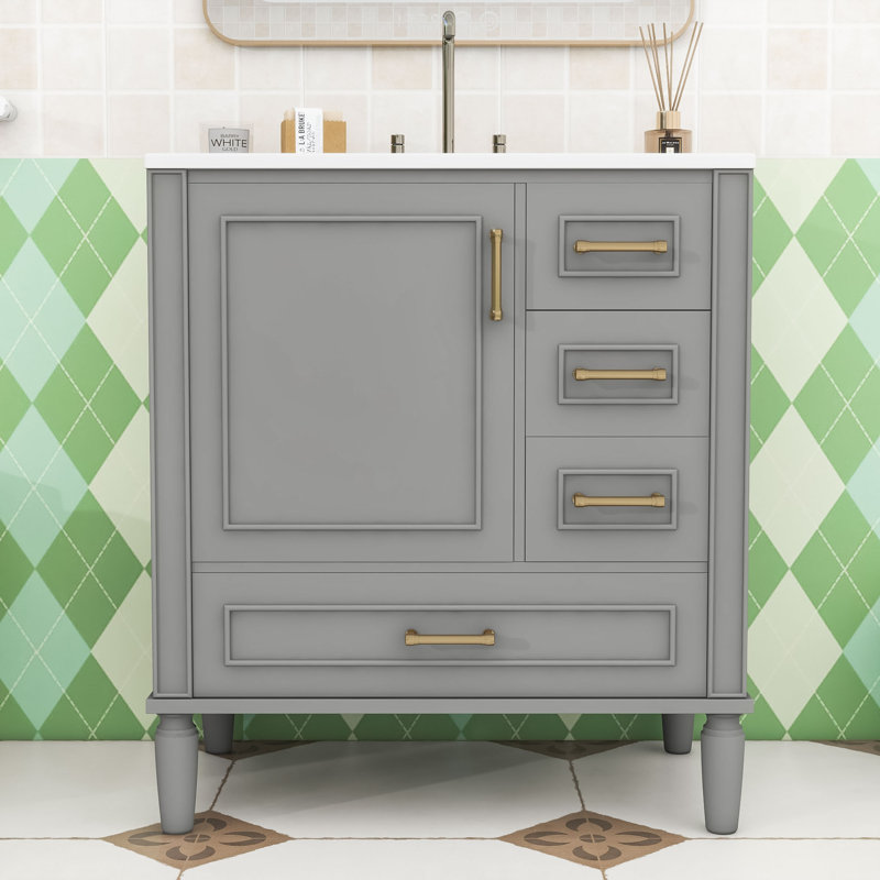 Meuble-lavabo de 30 po avec lavabo en céramique et poignées en métal doré, Grey