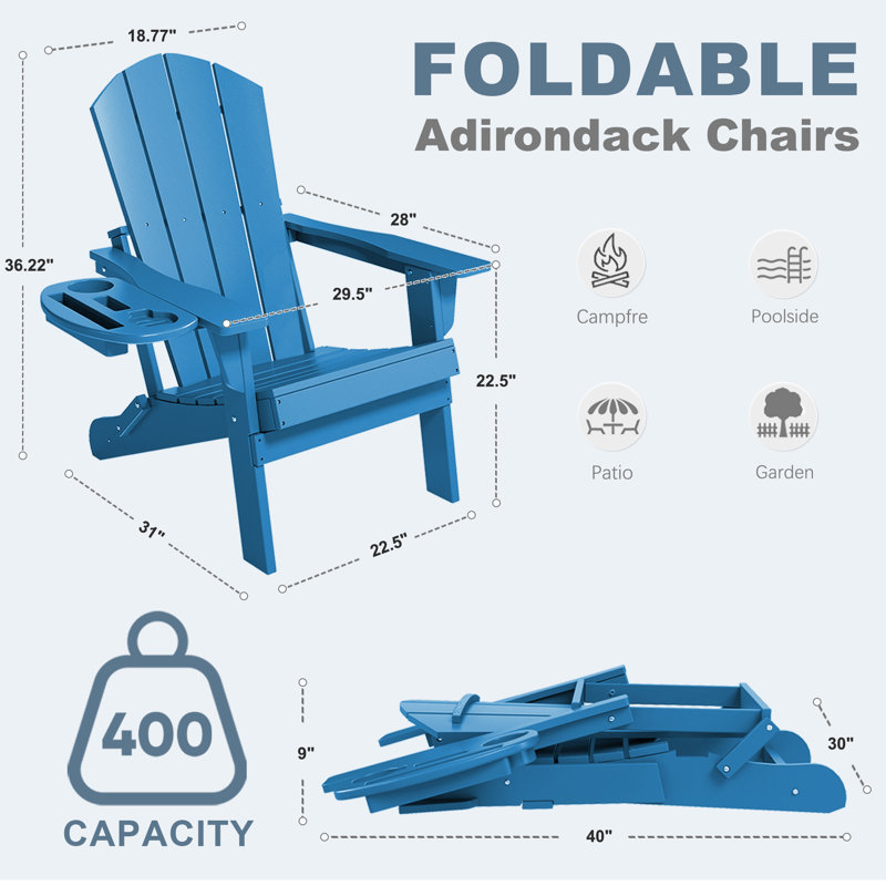  Cheryce HDPE Folding Adirondack Chair With Cup Holder, Pacific Blue