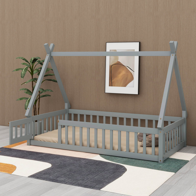 Lit de plancher avec rails et porte, lit de tente avec lattes et clôture, Simple, gris