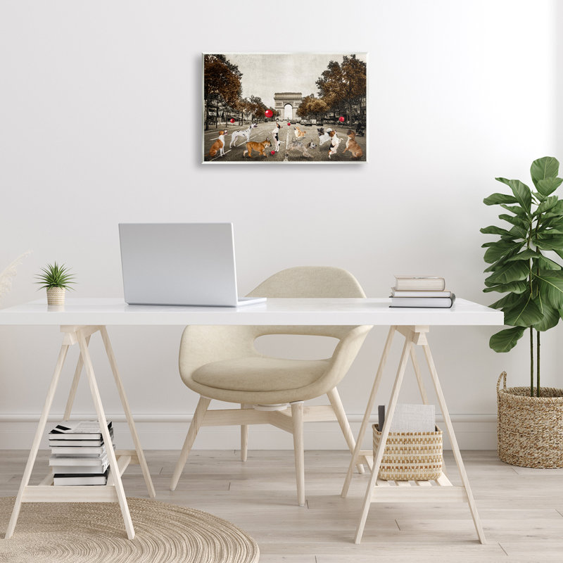 Art mural, "Dogs jouer parmi l'architecture" par CAD Designs, H 13 po x l 19 po