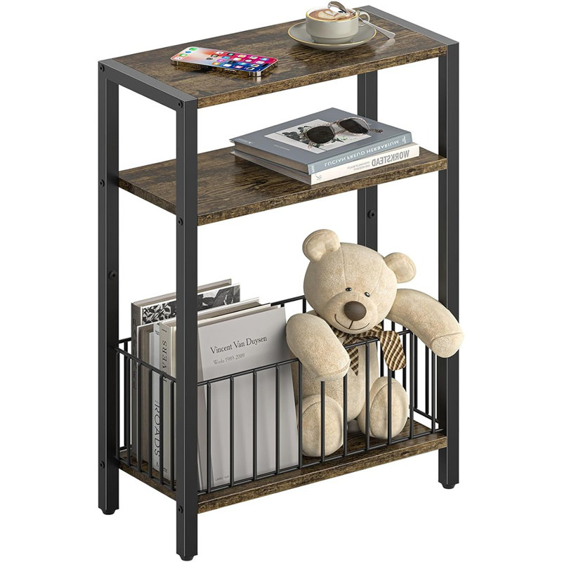 Narrow Side Table With Storage Basket, Small End Table For Small Spaces Skinny Side Tables Living Room Bedroom, Slim Nightstand 3 Tier Bedside Table Space-Saving For Magazine, Rustic Brown