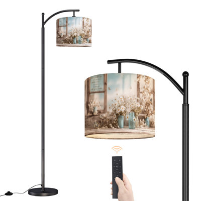 Lampe sur pied arc avec abat-jour réglable en bois rétro, table sur pied fleurs bleu sarcelle, lampe sur pied, 3 températures de couleur, gradateur haut, avec interrupteur au pied pour la chambre à coucher