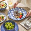 Ensemble 12 pièces de vaisselle en céramique, assiettes et bols pour 4, lavable au lave-vaisselle, bleu rétro