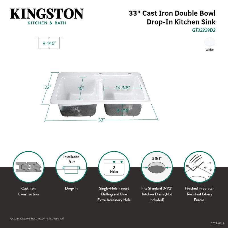 Kingston Brass Petra Galley 33-Inch Cast Iron Self-Rimming Double Bowl Drop-In Kitchen Sink, 2 Hole