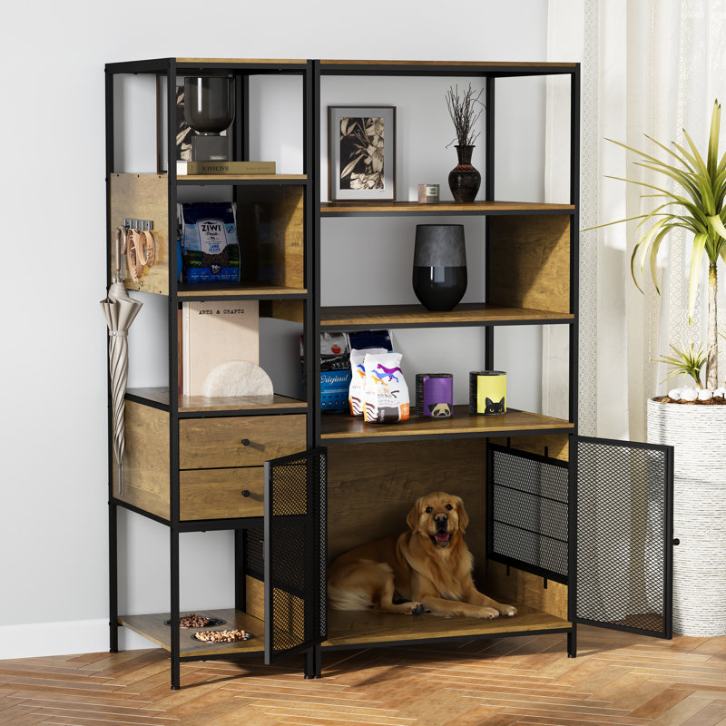 Bibliothèque industrielle avec cage et bol pour chien