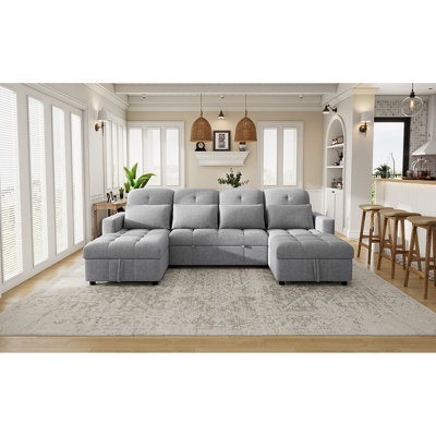 Lit fonctionnel en forme de U avec rangement pour méridienne, chargeurs et revêtement en chenille douce, espace de rangement polyvalent gris, magnifique
