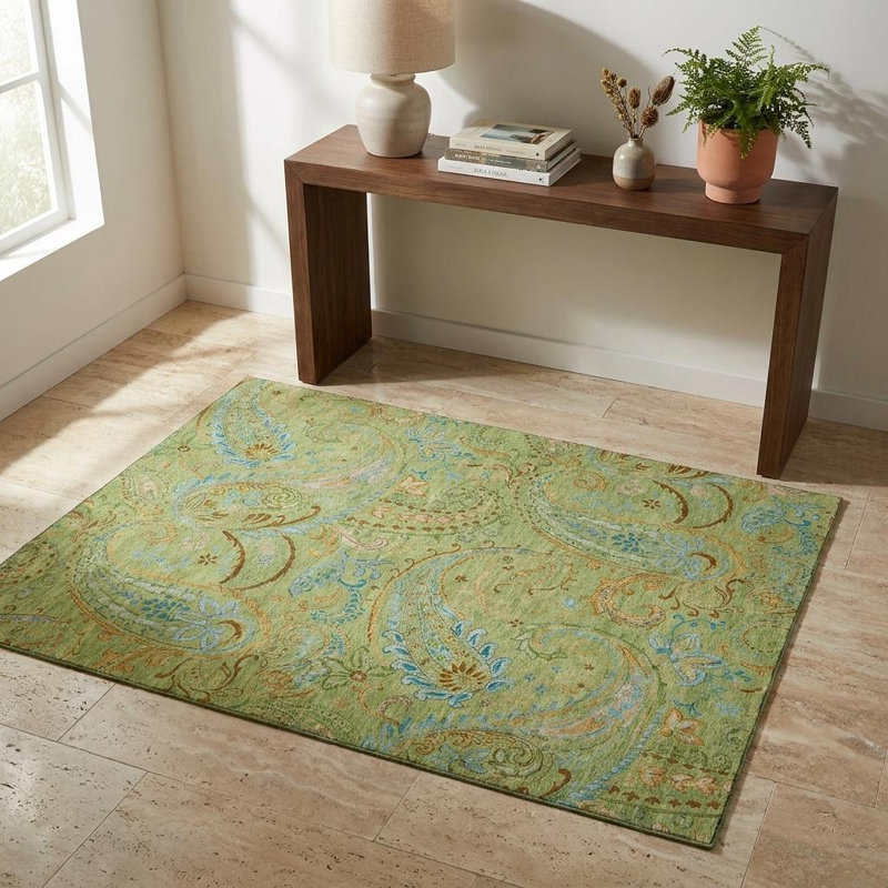 Tapis vert / bleu 3 pi x 5 pi avec motif cachemire lavable et protection UV