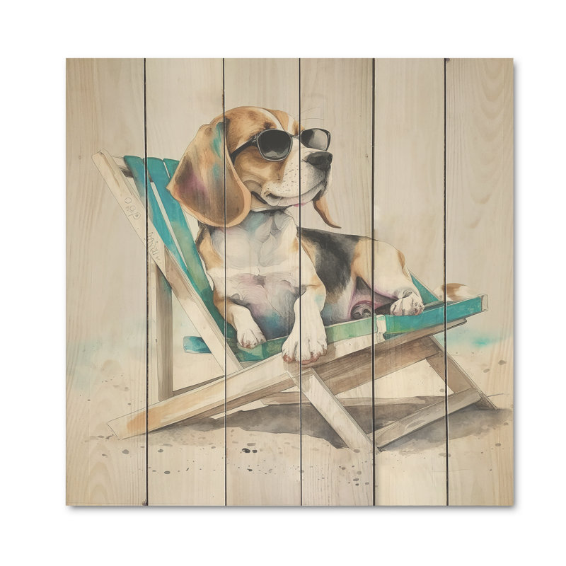 Rosamonde, chien sur la plage II - impression sur bois sans cadre, H 24 po x l 24 po x P 1 po