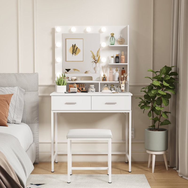 Vanity With Mirror And Lights, Adjustable Color/brightness, White Makeup Desk With 2 Drawers And Stool For Bedroom, Bathroom, Makeup Room