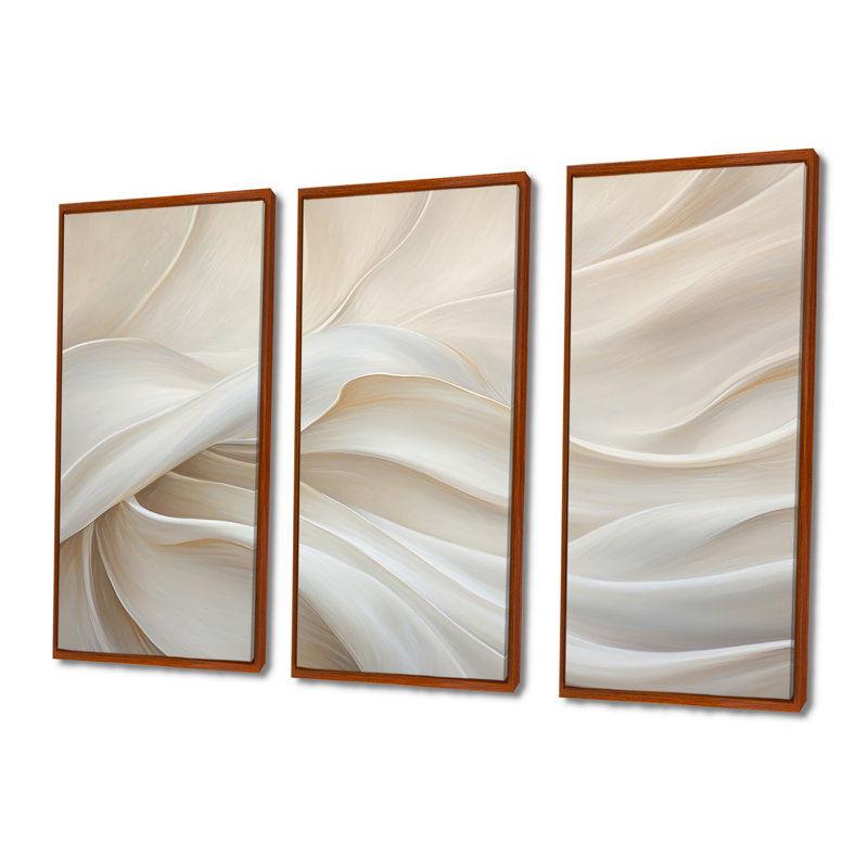 White Silk Fabric River - Fashion Canvas Wall Art Set, 40" H x 60" W, Brown Floater Framed