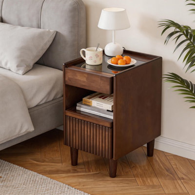 Wood Rubberwood Nightstand with 1 Drawer and Open Storage Shelf, Walnut Finish End Side Table for Bedroom