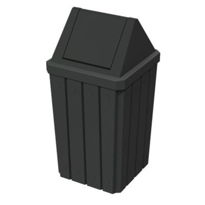Poubelle commerciale d'extérieur robuste à lattes 100% plastique recyclé 32 gallons avec couvercle battant Sturdy Essentials | Pour les écoles et les entreprises - Noir
