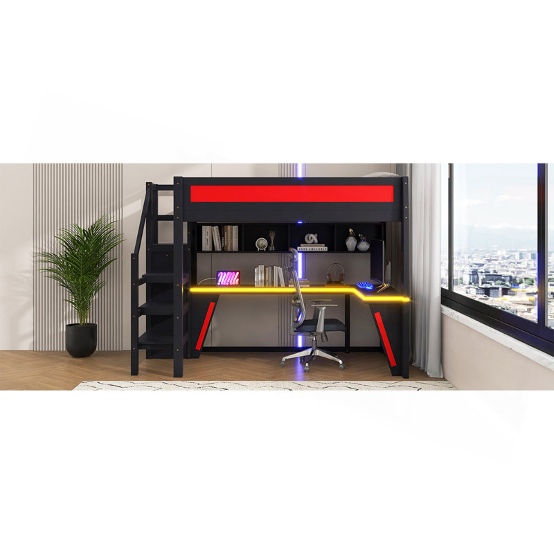 Lit mezzanine double avec bureau et garde-robe, structure de lit mezzanine avec DEL, USB intégré, noir et bleu, Black/Blue