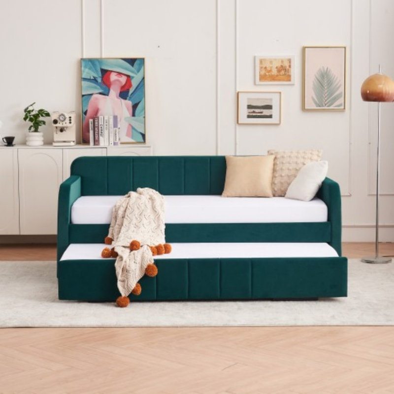 Twin Upholstered Daybed Frame with Trundle, Emerald