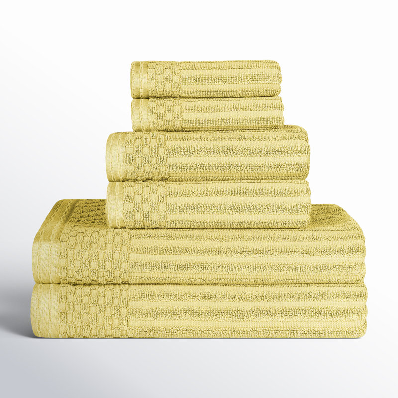 Ruvins Cotton Highly Absorbent 6-Piece Solid and Checkered Border Towel Set, Yellow Gold