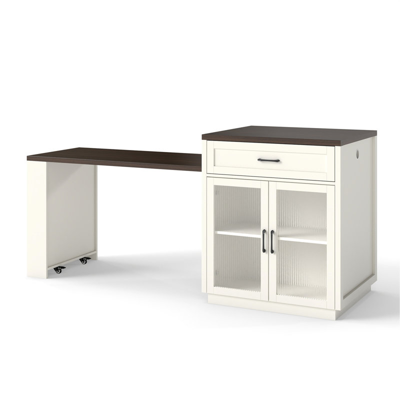 83.1'' Extendable Kitchen Island with Slide Out Table and Storage Racks for 2-6 Person,Kitchen Island with Tempered Glass Doors,Walnut Woodgrain Dining Table,Power Outlet,Bar,Prep Station(Cream White)