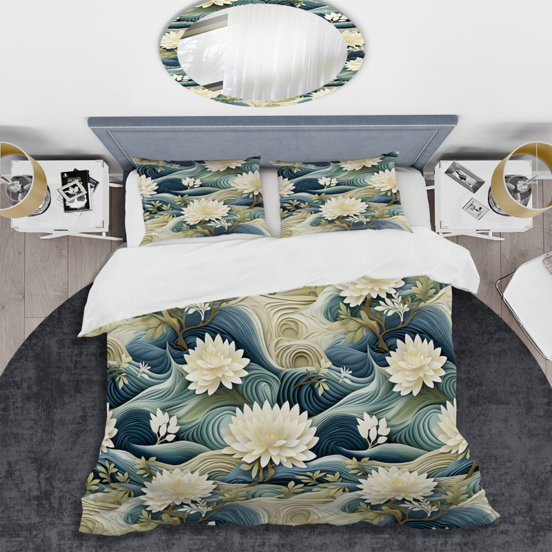 Ensemble de housse de couette à motif floral blanc et bleu, Housse de couette simple + 1 taie décorative stan