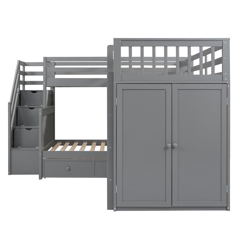 Lit superposé en L avec 3 tiroirs, bureau portable et garde-robe, Gris