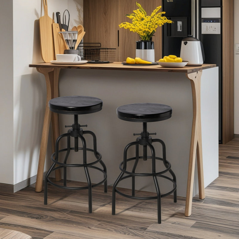 Tabouret de bar industriel rétro Vintage - Tabouret de bar pivotant rustique - Tabouret rond en métal et en bois, 2