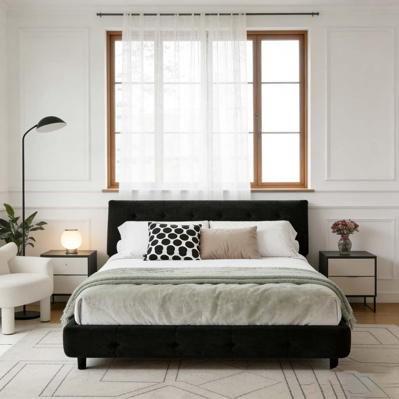 Structure de lit, tête de lit capitonnée avec très grand coussin ultra doux, Noir, Très grand lit