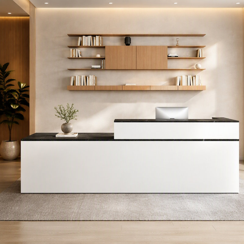 Bureau de réception en L 71 po avec comptoir - Réception moderne avec tiroir verrouillable, plateau à clavier et gestion des câbles pour le bureau, le salon, le hall d'entrée (blanc et noir, à gauche)