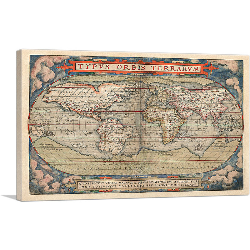 " Ortelius World Map 1570 " by Abraham Ortelius, 18" H x 26" W x 1.5" D