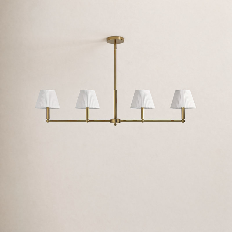 Lustre à cadre linéaire en fer 4 lumières avec abat-jour en lin blanc 48 po Costa, Laiton brossé