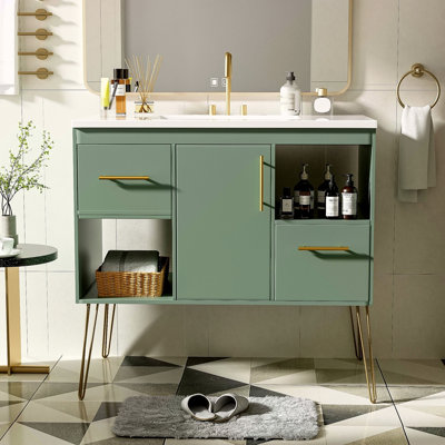 Ensemble de meuble-lavabo 36 po avec lavabo en résine, armoire de salle de bain simple autoportante moderne avec 2 tiroirs et 2 compartiments de rangement, meuble de rangement pour salle de bain, ensemble de meuble-lavabo avec cadre en bois massif