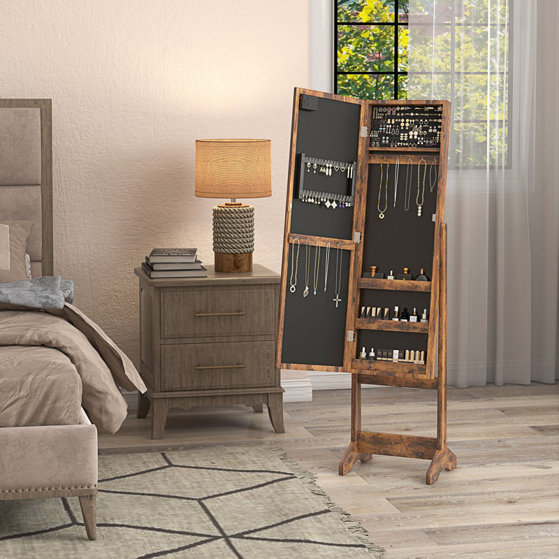HOMCOM Freestanding Mirror Jewelry Cabinet with LED Lights, Rustic Brown