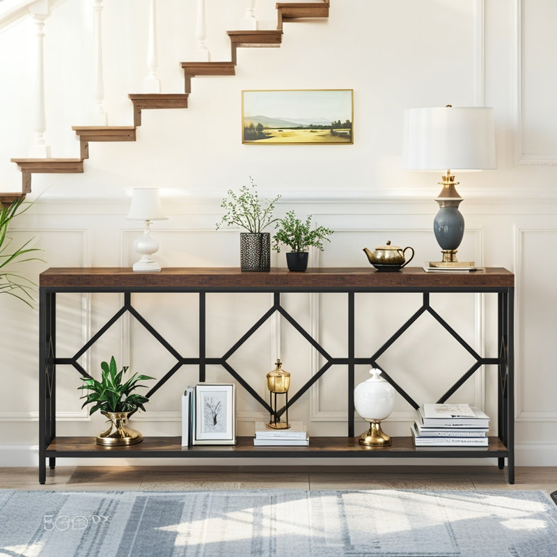 70.86'' Extra Long Entryway Accent Table, 2 Tier Console Sofa Tables, Rustic Brown/Black