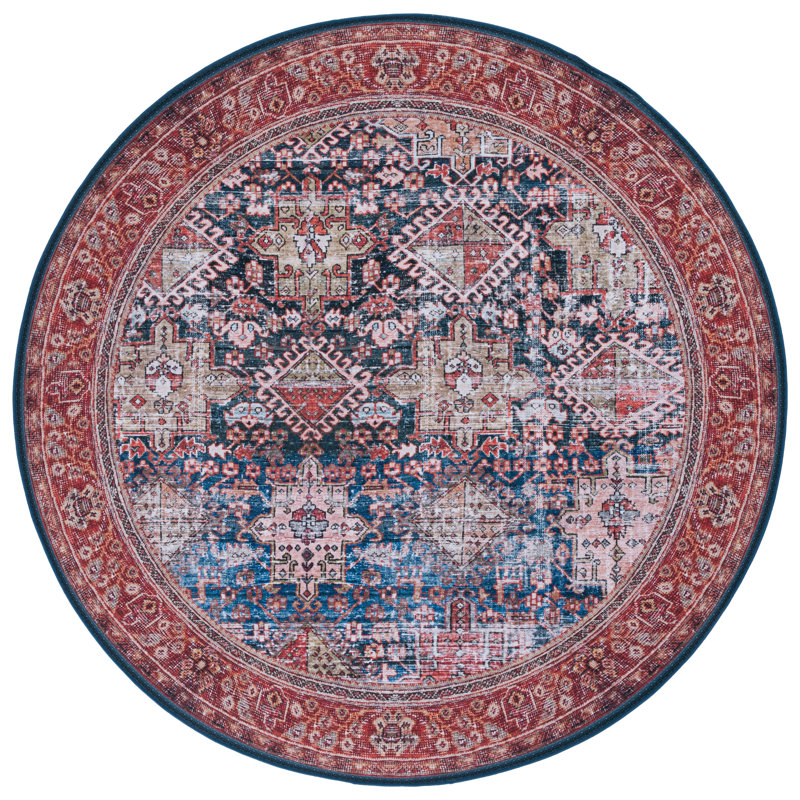 Tucson Vintage Look Machine Washable Non-Slip Area Rug in Red & Dark Blue, Round 183 cm