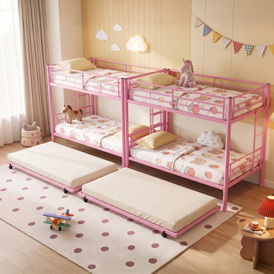 Ensemble de 2 lits simples superposés en métal avec lit gigogne escamotable, lits superposés robustes avec garde-corps et échelle intégrée pour enfants, adolescents, adultes et meubles de chambre à coucher peu encombrants