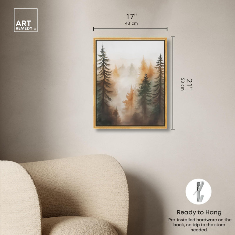 «Misty Pines II» par Art Remedy, H 21 po x l 17 po, Cadre flottant doré