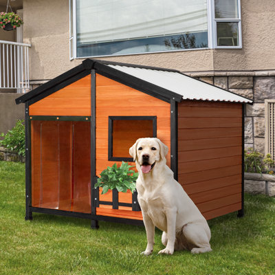 Niche pour chien 47 po pour l'extérieur avec toit en PVC imperméable, très grande niche pour 2 chiens de taille moyenne, niche pour chien d'extérieur de grande taille, niche pour chien XXL avec fenêtre, jaune