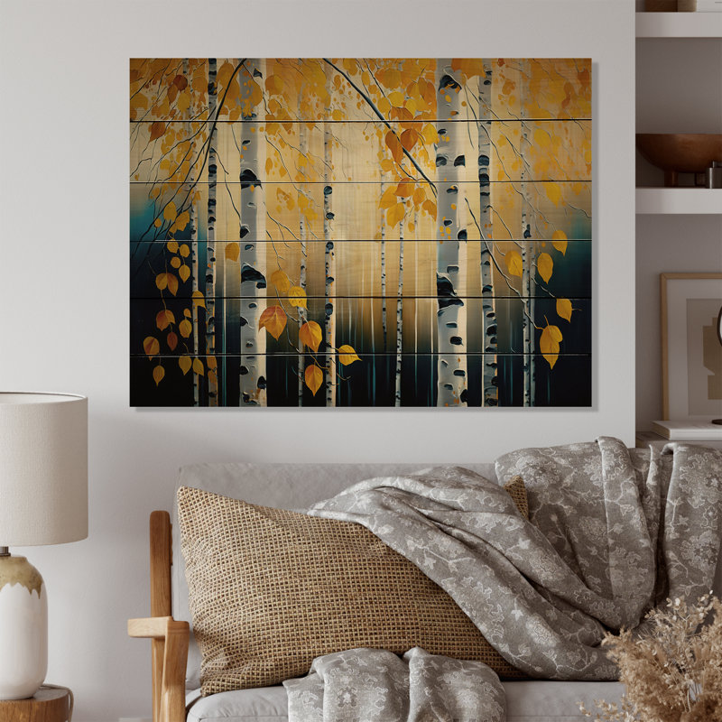 Into A Golden Birch Forest I - Paysage, art mural sur toile, Cadre flottant noir, H 30 po x l 40 po x P 1,5 po