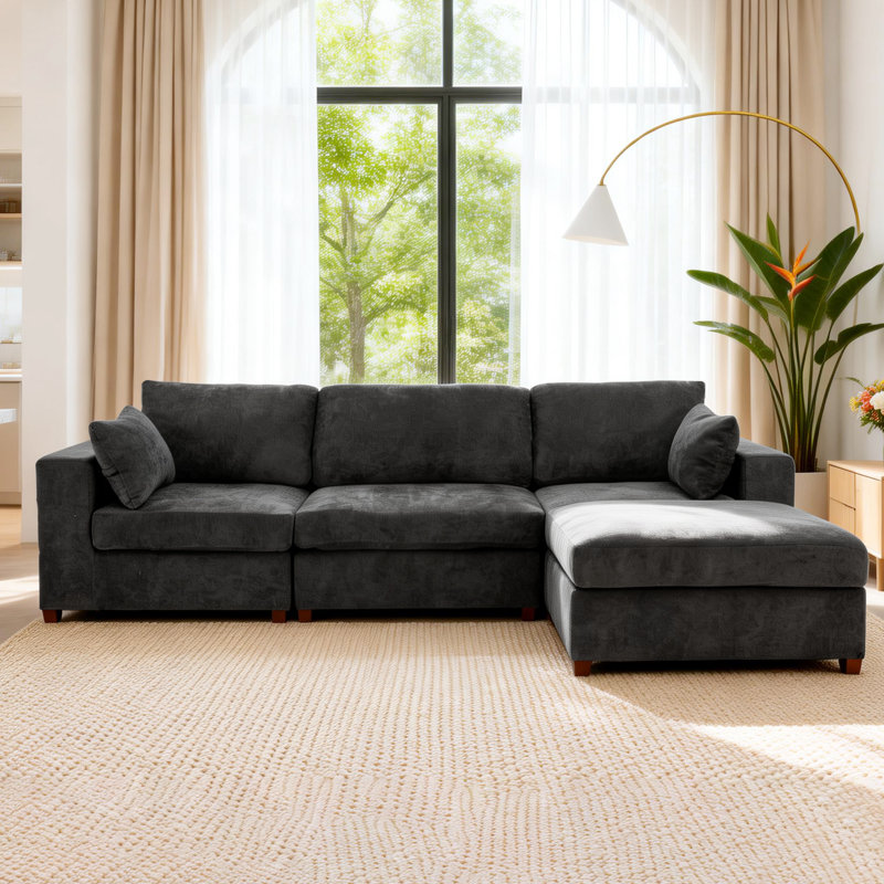 Canapé d'angle rembourré avec 1 repose-pieds, H 26 po x l 113,3 po x P 37,8 po, Lin gris