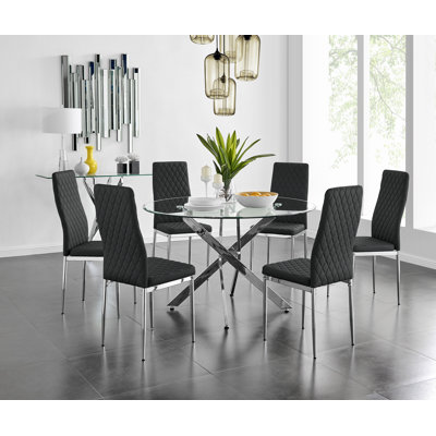 Tierra Sleek Metal and Glass Round Dining Table Set with Faux Leather Upholstered Dining Chairs