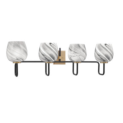 Barre d'éclairage de salle de bain 4 lumières Amarmula, noir mat et laiton vieilli, verre tourbillon onyx 6 po