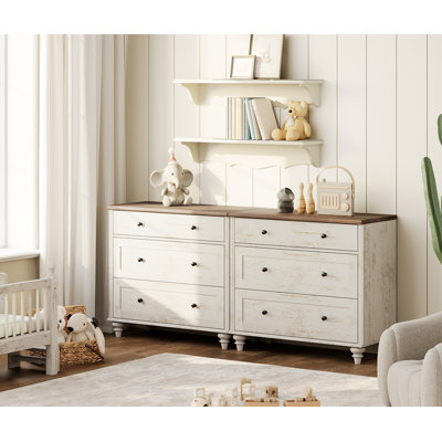 Kids Dresser With 6 Drawers,Mid Century Modern Wooden Closet Storage Organizer,Rustic White Baby Dressers With Wide Chest Of Drawers For Bedroom, Larg by Ophelia & Co.