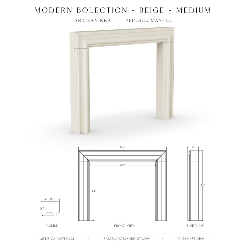 Foyer moderne en pierre de fonte avec foyer Bullnose, Beige, P 7,5 po x l 65 po x H 52 po
