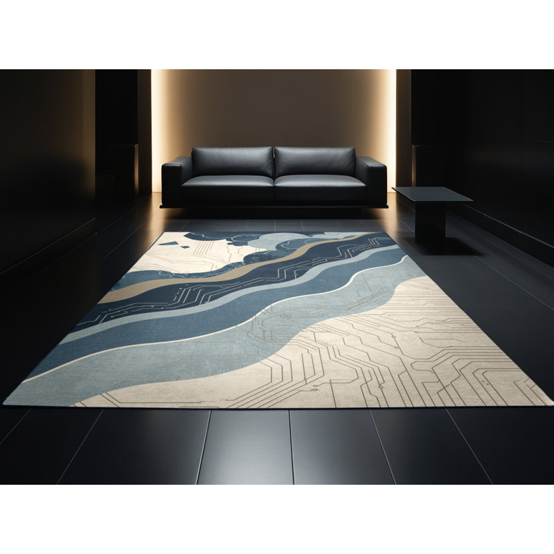 Soft Plush Eldert Cloud Gaming Hub Modern & Contemporary Abstract Area Rug in Blue – Navy Binding, 2x3