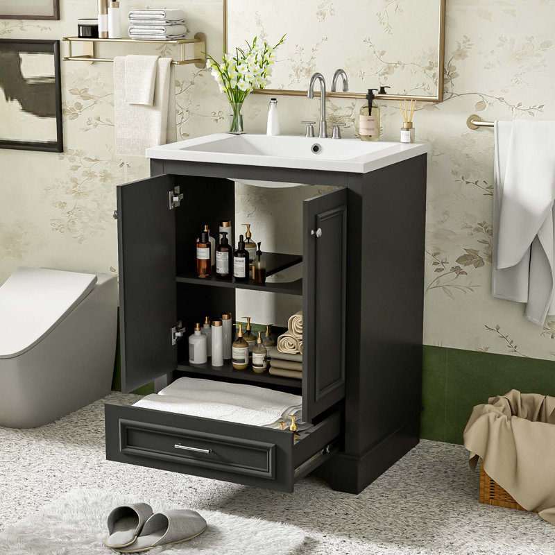 Meuble-lavabo 24 po avec lavabo en céramique, armoire de rangement autoportante moderne avec poignées argentées, portes à fermeture douce